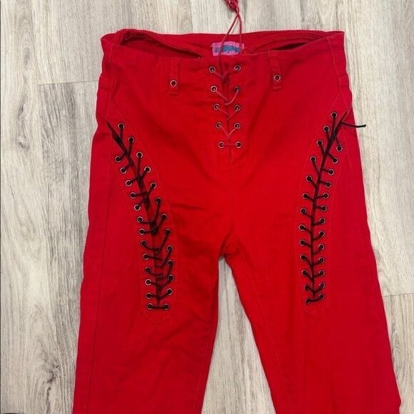 Edikted Red Lace-Up Flare Jeans FIRE ENGINE SIZE MEDIUM - Picture 3 of 10